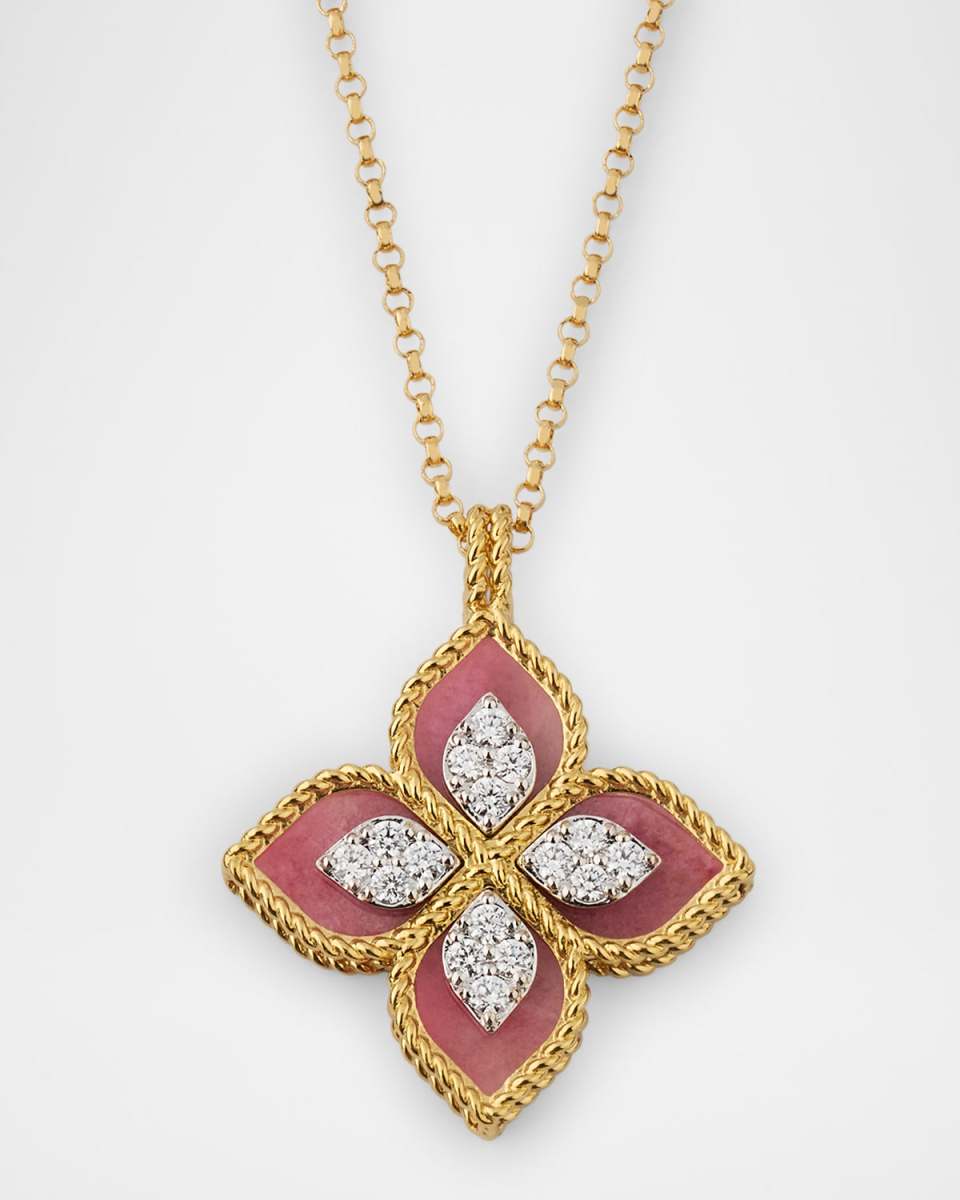 18K Yellow Gold Diamond and Rhodonite Necklace, 18"L